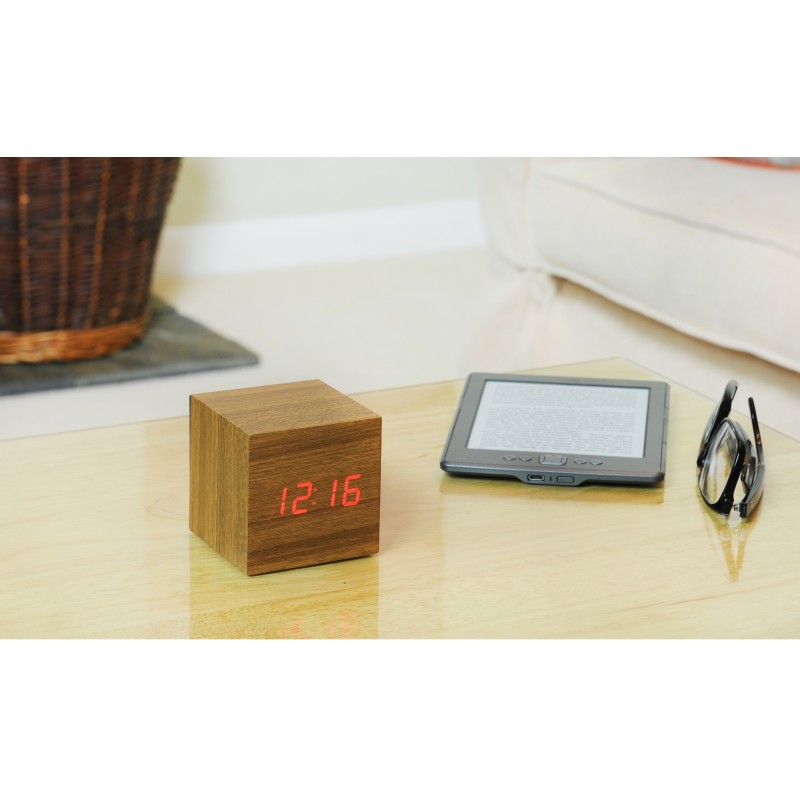 CUBE CLICK  CLOCK, Teak/ Red Led
