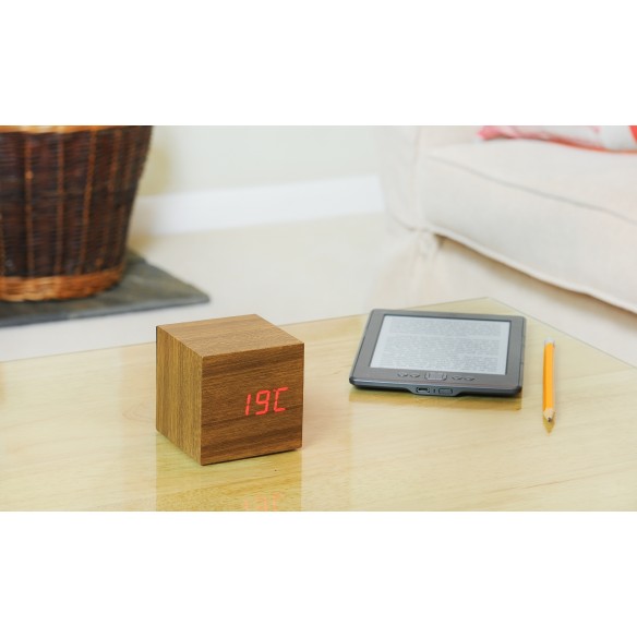 CUBE CLICK  CLOCK, Teak/ Red Led