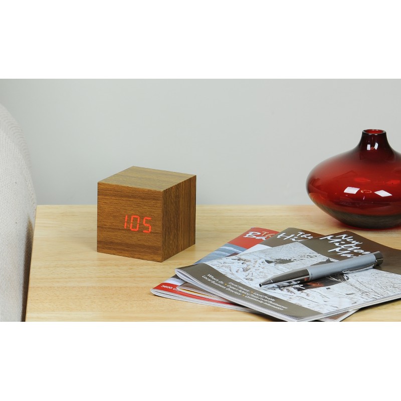 CUBE CLICK  CLOCK, Teak/ Red Led
