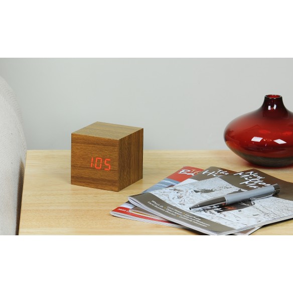 CUBE CLICK  CLOCK, Teak/ Red Led