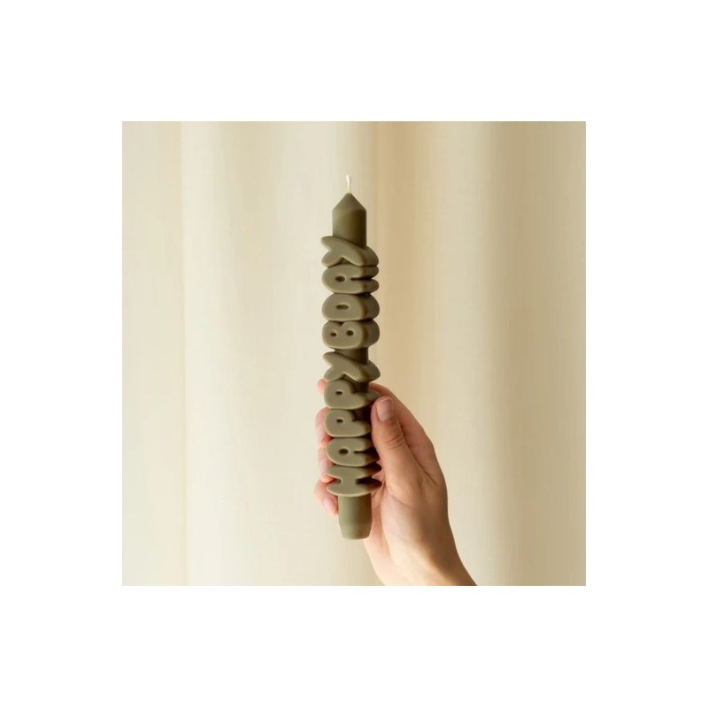 CandleHand Taper ""Happy Bday"", Olive Green