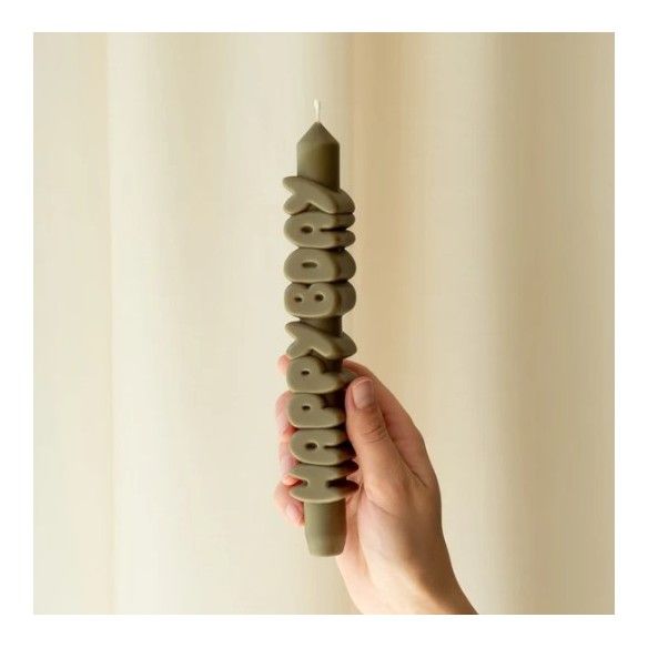 CandleHand Taper ""Happy Bday"", Olive Green