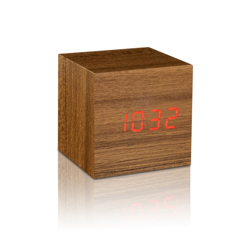 CUBE CLICK  CLOCK, Teak/ Red Led
